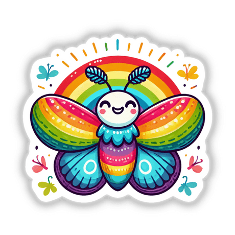 Colorful Rainbow Moth cartoon with vibrant wings, available as stickers or digital artwork.