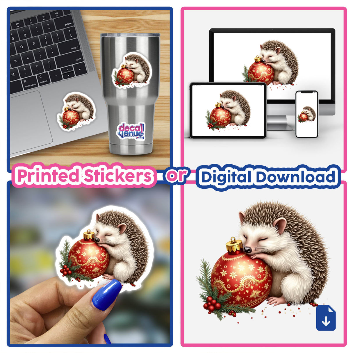 Hedgehog Sleeping on Christmas Ornament design by DecalVenue, featuring a cute hedgehog embracing a festive ornament, perfect for stickers or digital downloads to enhance holiday crafts.