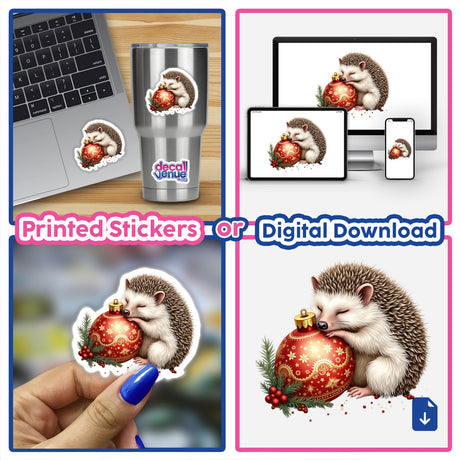 Hedgehog Sleeping on Christmas Ornament design by DecalVenue, featuring a cute hedgehog embracing a festive ornament, perfect for stickers or digital downloads to enhance holiday crafts.
