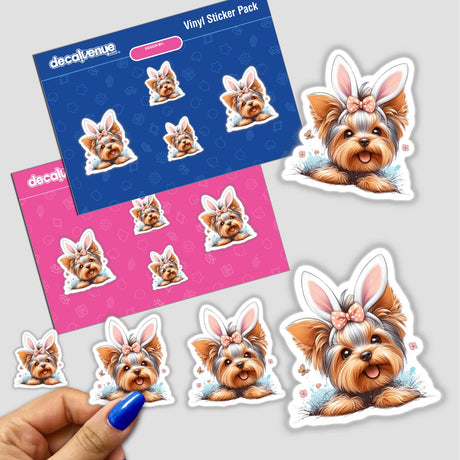 Peeking Yorkie Easter Bunny Ears: Stickers depicting a cartoon Yorkie with bunny ears, available as vinyl stickers or digital artwork, perfect for adding a playful touch to surfaces.