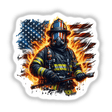 American Flames Firefighter sticker: Depicts a firefighter holding a flag with flames and stars, wearing a helmet adorned with the flag. Available as stickers or digital artwork from Decal Venue.