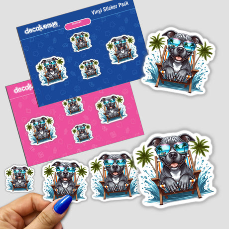 Peeking Pitbull Dog in Beach Chair sticker pack features cartoon dogs wearing sunglasses, capturing a playful summer vibe. Available as stickers or digital artwork from Decal Venue.
