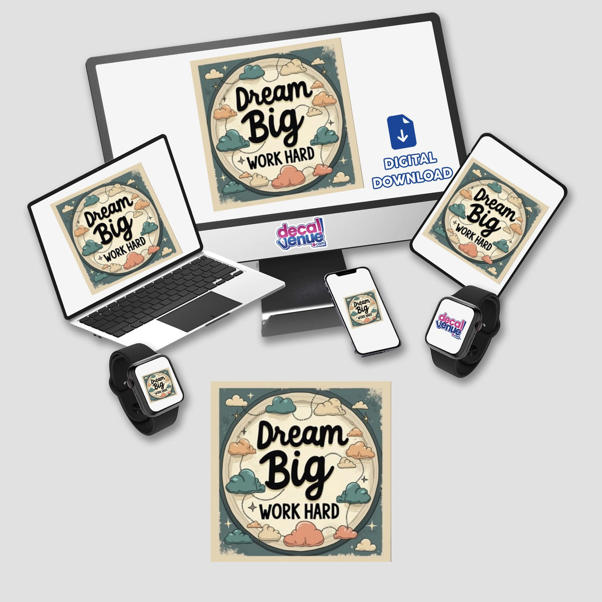 Dream Big Work Hard Planner Sticker | Clipart displayed on a laptop screen, featuring motivational text and cloud imagery, available as stickers or digital artwork.
