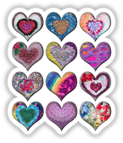 Colorful heart stickers set, featuring various designs like floral, painted, and bow-accented hearts, ideal for Valentine's Day crafts or decorations. Unique vinyl stickers from Decal Venue.