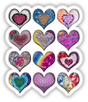 Colorful heart stickers set, featuring various designs like floral, painted, and bow-accented hearts, ideal for Valentine's Day crafts or decorations. Unique vinyl stickers from Decal Venue.