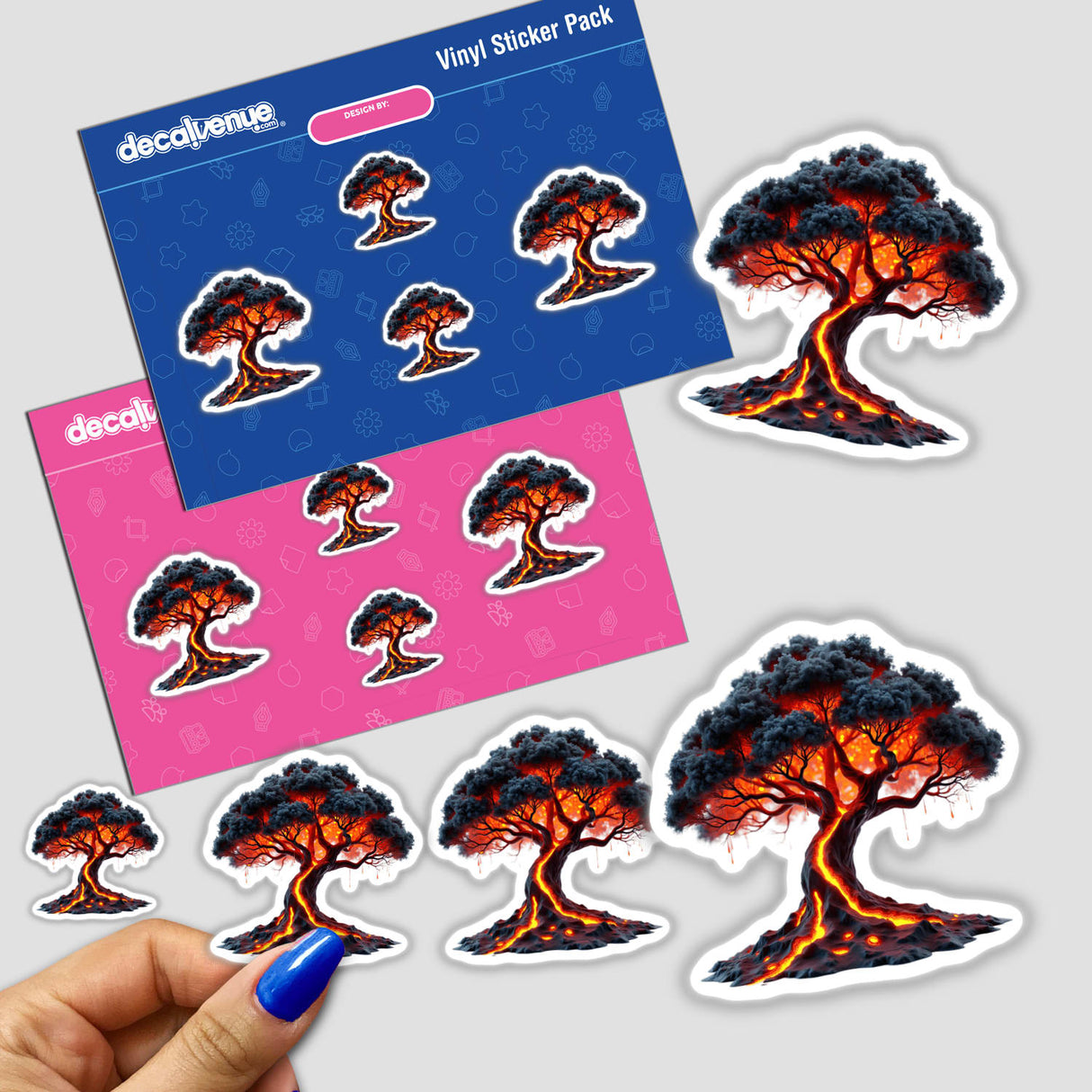 Molten Lava Tree sticker pack featuring a vibrant tree illustration with lava elements, held in a hand, representing Decal Venue's unique sticker and digital art collection.