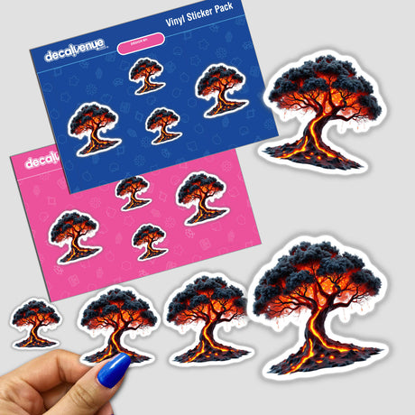 Molten Lava Tree sticker pack featuring a vibrant tree illustration with lava elements, held in a hand, representing Decal Venue's unique sticker and digital art collection.