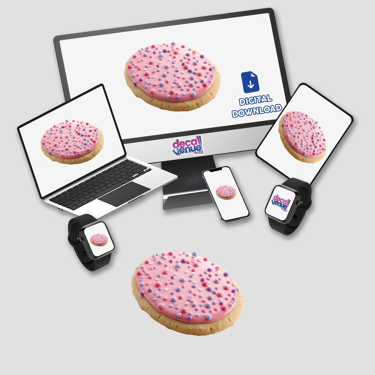 Oval Shaped Cookie with Pastel Pink and Purple Dots displayed on a laptop and monitor, available as stickers or digital artwork from Decal Venue.