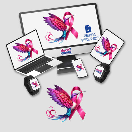 Hummingbird Pink Ribbon Breast Cancer Awareness digital artwork featuring a computer monitor and laptop displaying a pink ribbon with hummingbirds, available as stickers or digital art.