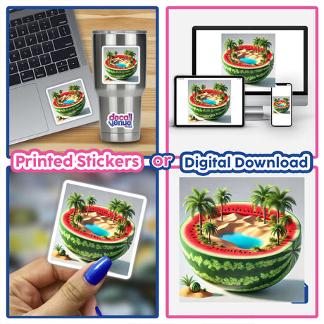 Collage featuring Mystic Sands Desert Oasis Inside a Watermelon: includes watermelons, palm trees, and beach scenes, available as stickers or digital artwork from Decal Venue.