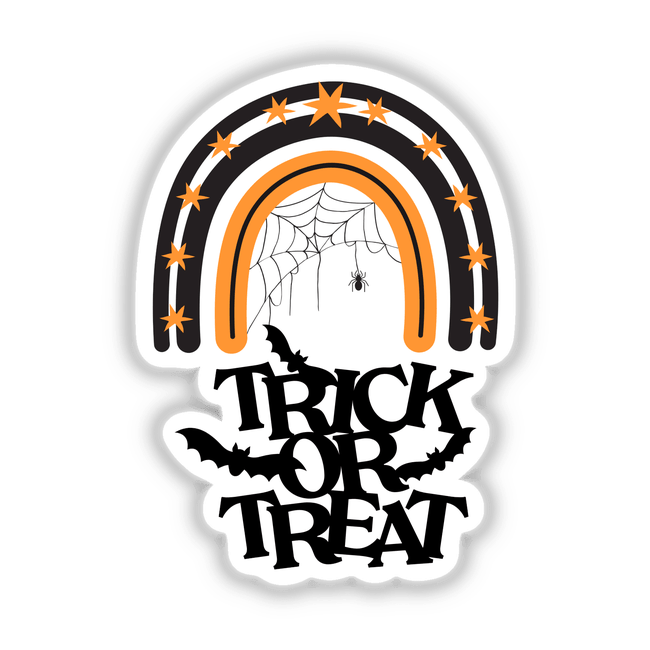 Trick or Treat black and orange rainbow featuring bats, spider web, and spider, available as stickers or digital artwork.