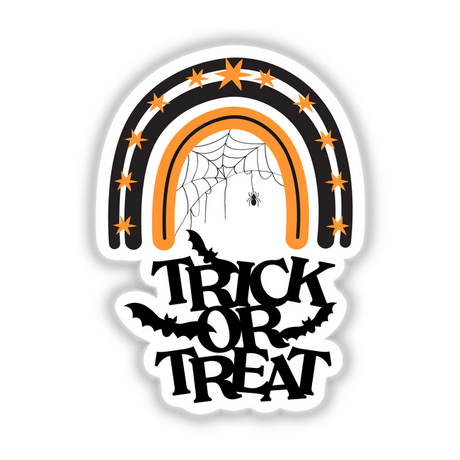 Trick or Treat black and orange rainbow featuring bats, spider web, and spider, available as stickers or digital artwork.