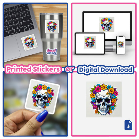 Pretty Skeletons sticker collage featuring a skull adorned with flowers, displayed on a laptop and cup, highlighting Decal Venue's unique vinyl sticker and digital art offerings.