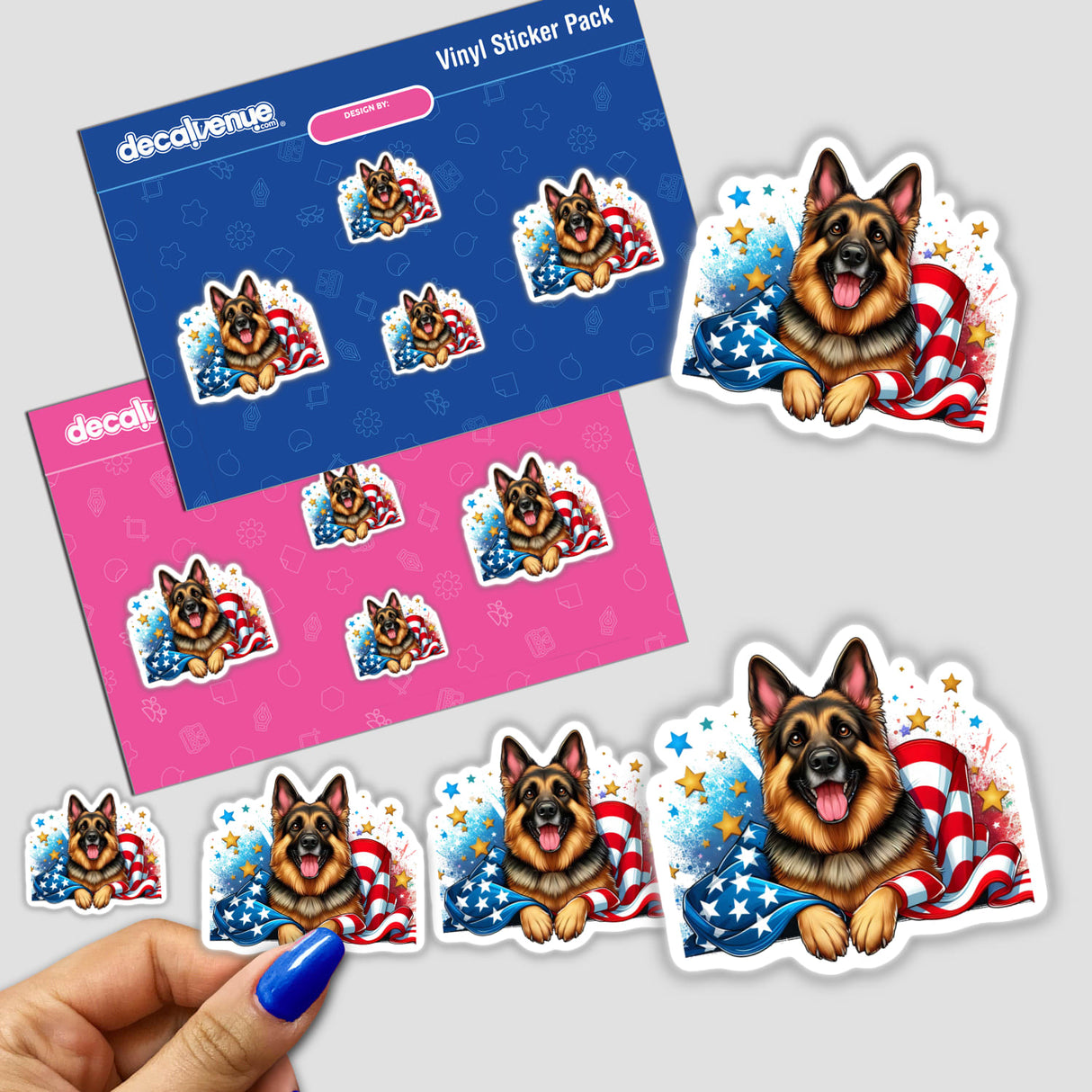 Patriotic German Shepherd Dog Draped in American Flag - Vinyl Sticker Pack