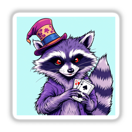 Magician Raccoon with Deck of Cards: A whimsical illustration of a raccoon holding playing cards, perfect for stickers or digital artwork from Decal Venue's unique collection.