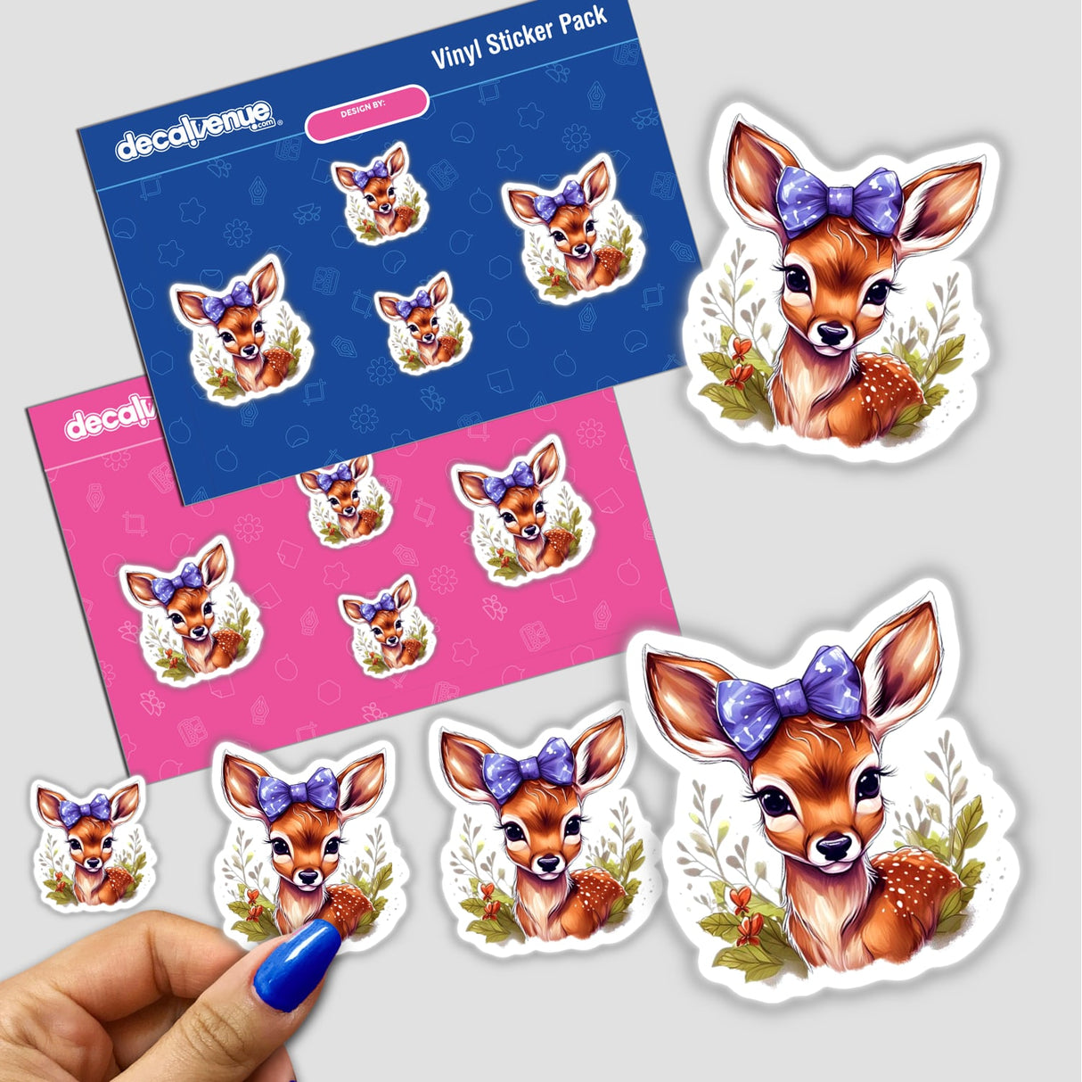 Sticker pack titled Fawn featuring multiple cartoon deer with bows, available as stickers or digital artwork.