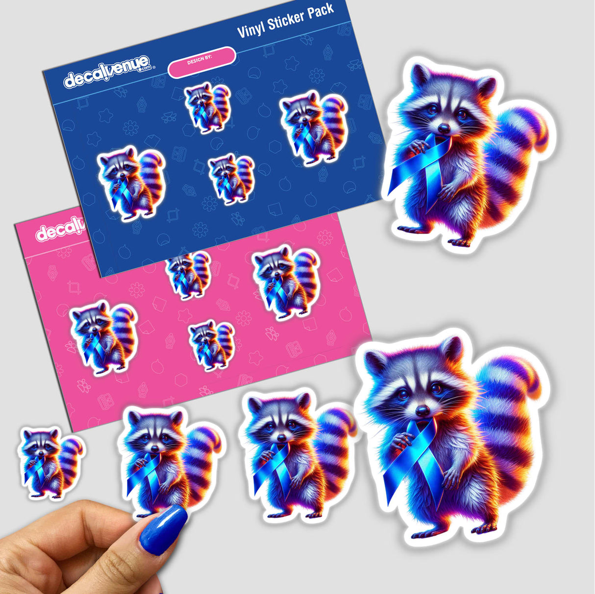 Cartoon raccoon holding a blue ribbon sticker, titled Raccoon Blue Ribbon Colon Cancer Awareness, showcasing Decal Venue's unique vinyl sticker collection or available as digital artwork.