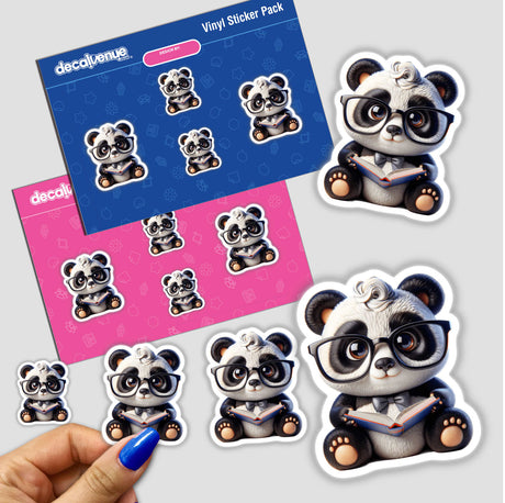 Cute Panda With Reading Glasses Open Book sticker pack, featuring cartoon pandas holding books, ideal for unique vinyl sticker collections or digital artwork enthusiasts from Decal Venue.