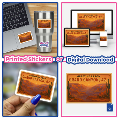 Greetings from Grand Canyon Postcard Sticker or Clipart with Commercial Rights - Vintage Desert Art showcasing iconic canyon landscapes, perfect as a unique vinyl sticker or digital artwork from Decal Venue.