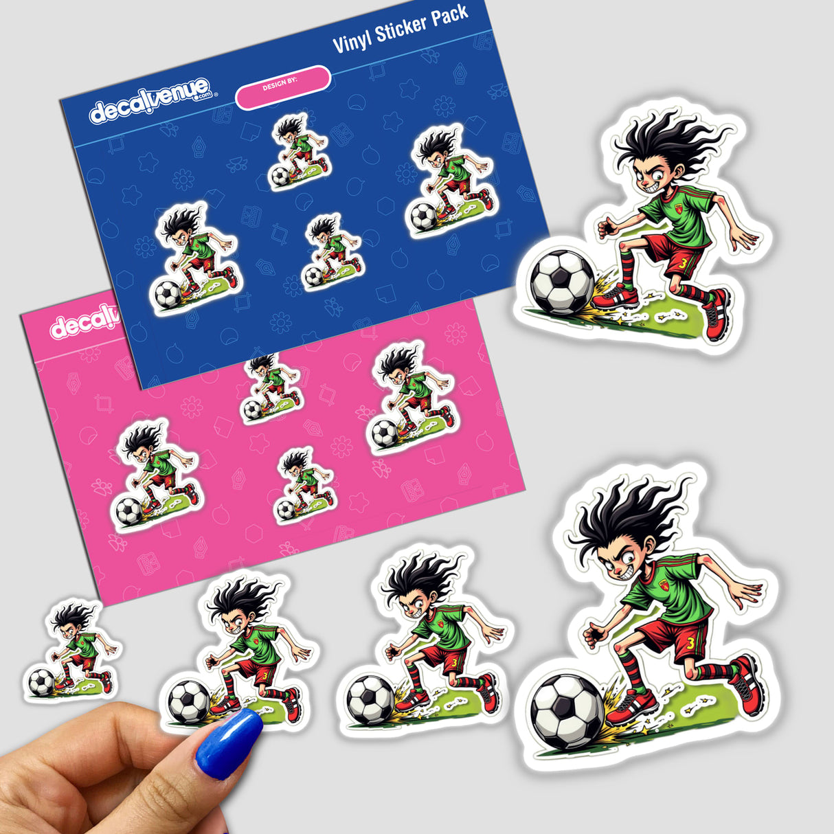 Fome de Bola stickers featuring cartoon football players, with a hand holding one sticker. Available as Stickers or Digital Artwork from Decal Venue.