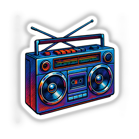 Boombox Clipart PNG & Sticker – Retro 1980s Cassette Printable: A vibrant cartoon-style boombox illustration, ideal as a digital download or durable sticker, perfect for crafts and vintage music fans.