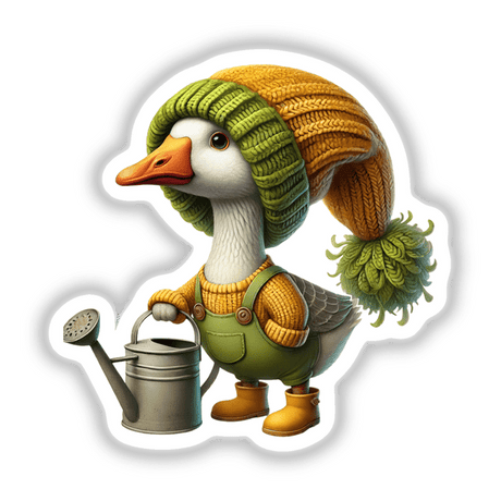 Goose Gnome with Watering Can: Cartoon duck holding a watering can, available as stickers or digital artwork.