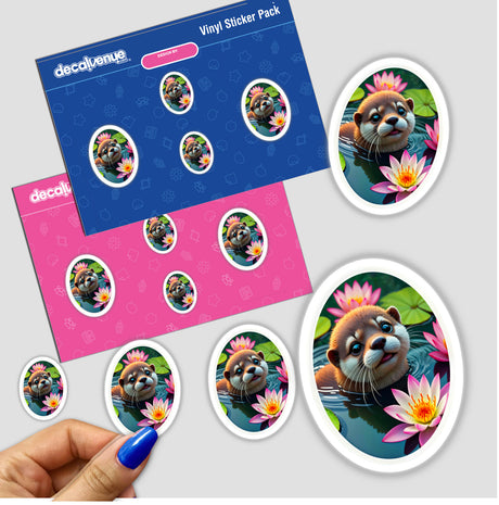 Cute Otter In The Water stickers showcasing a playful otter swimming amidst flowers, available as both stickers and digital artwork, reflecting Decal Venue's unique collection.