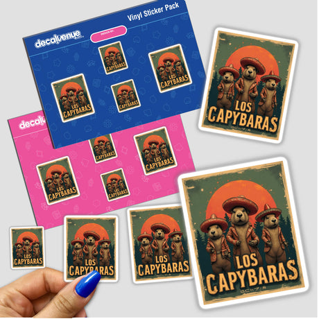Los Capybaras Sticker or Clipart features cartoon capybaras in sombreros. A person holds the stickers, highlighting their playful design, perfect for adding humor to your collection.