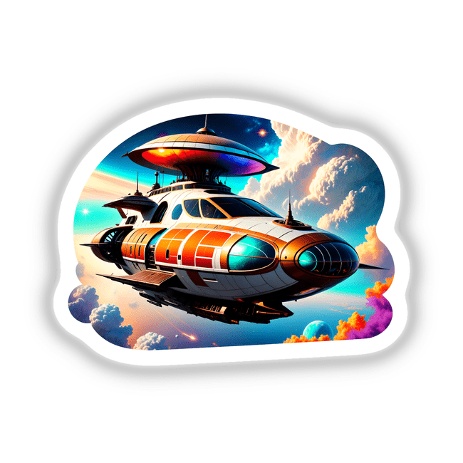 A Cool Retro Spaceship cartoon illustration, available as stickers or digital artwork, featuring a vintage spacecraft flying in the sky, perfect for transport-themed art enthusiasts.