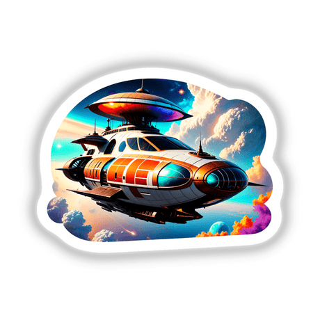 A Cool Retro Spaceship cartoon illustration, available as stickers or digital artwork, featuring a vintage spacecraft flying in the sky, perfect for transport-themed art enthusiasts.
