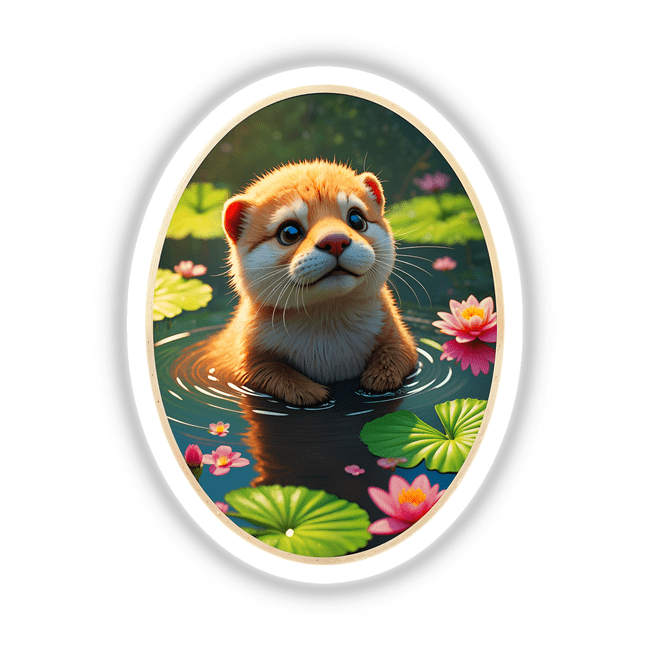 Cute Otter In The Water depicted as a cartoon mammal with a playful expression, surrounded by water and foliage elements, available as stickers or digital artwork from Decal Venue.