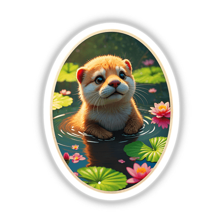 Cute Otter In The Water depicted as a cartoon mammal with a playful expression, surrounded by water and foliage elements, available as stickers or digital artwork from Decal Venue.