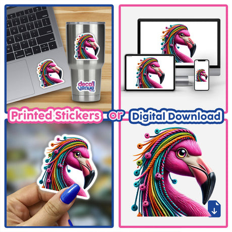Sticker collage featuring Flamingo with Yarn Hair, showcasing various stickers and digital artworks of a flamingo with colorful hair, including close-ups and applications on a laptop.