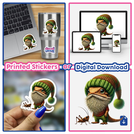 Collage featuring Bearded Dragon with Cricket stickers and digital artwork, showcasing various cartoon lizards in hats, including close-ups on stickers, a computer keyboard, and a painting process.