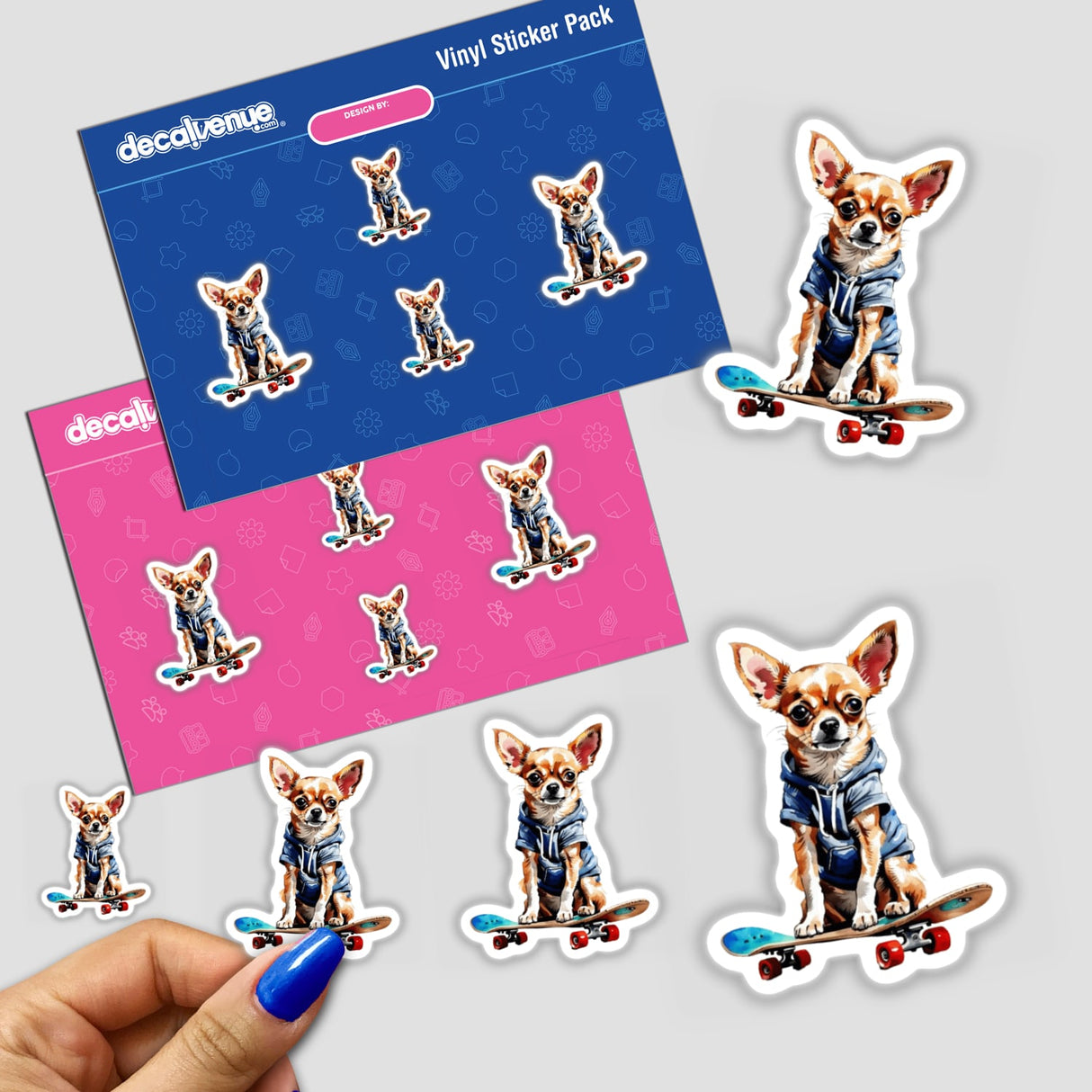 Cute Skateboarding Chihuahua Clipart – Stickers or Commercial Use Download featuring a cartoon dog on a skateboard, perfect for unique sticker collections or digital art enthusiasts.