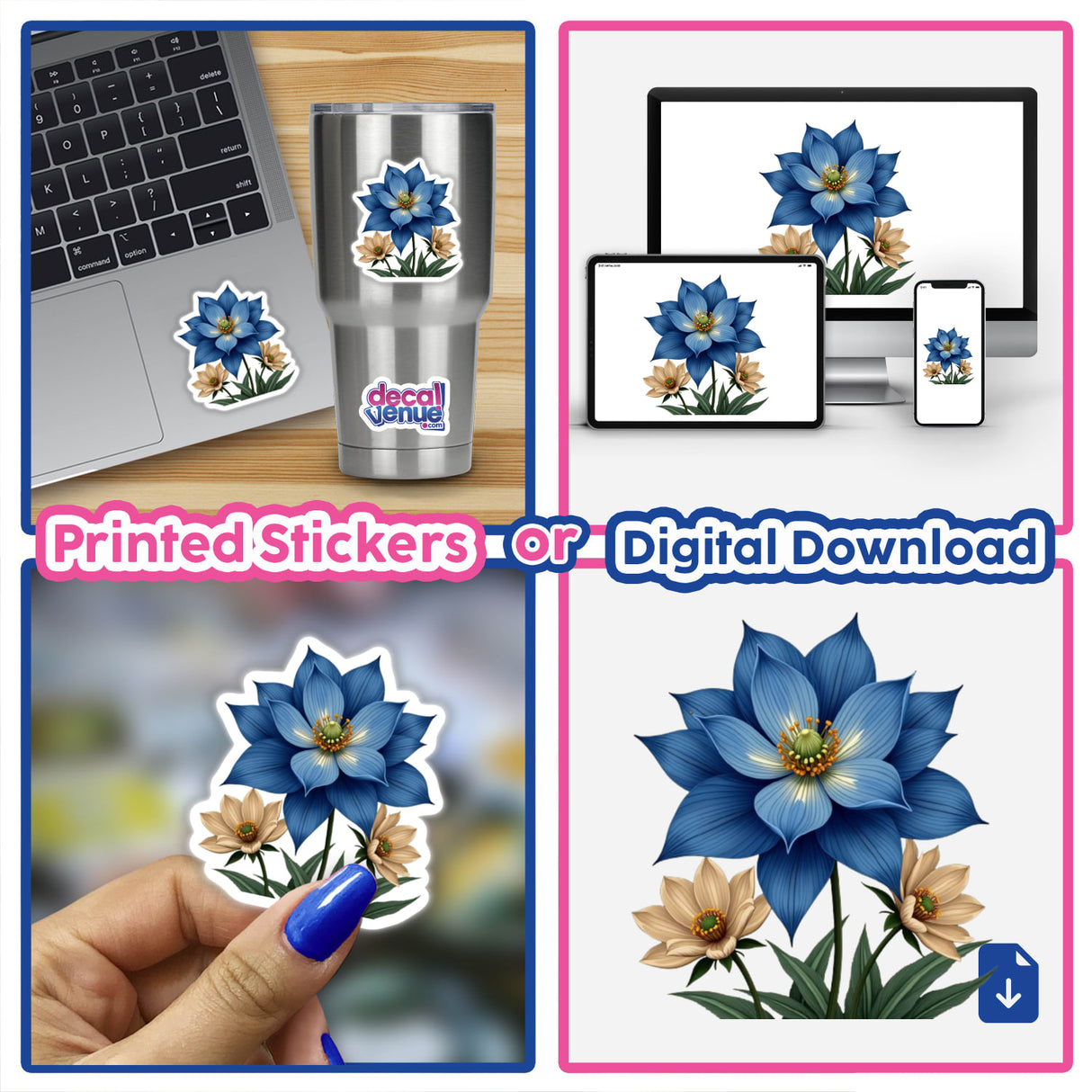 Elegant Blue and Cream Flower Clipart Stickers | Commercial Use Download: Collage featuring blue and cream flower stickers on laptops, hands, and digital screens, highlighting their versatile applications.