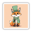 Curious Fox with Monocle and Top Hat illustrated as a cartoon fox wearing glasses, a green coat, and holding a cane; available as stickers or digital artwork from Decal Venue.