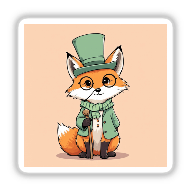 Curious Fox with Monocle and Top Hat illustrated as a cartoon fox wearing glasses, a green coat, and holding a cane; available as stickers or digital artwork from Decal Venue.