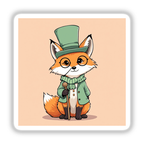 Curious Fox with Monocle and Top Hat illustrated as a cartoon fox wearing glasses, a green coat, and holding a cane; available as stickers or digital artwork from Decal Venue.