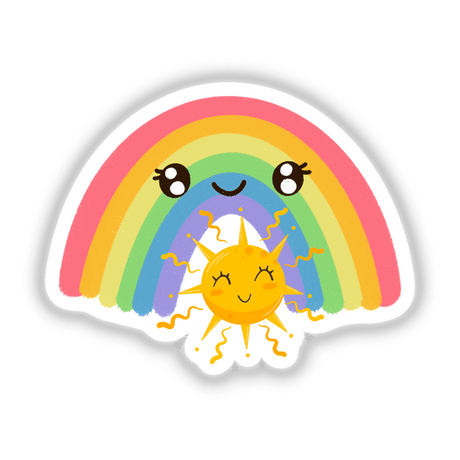 Happy rainbow and smiley sun sticker or digital art featuring a cheerful cartoon sun with closed eyes and a smiling rainbow, perfect for adding a whimsical touch to any surface.