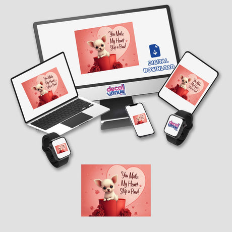 Chihuahua Sticker and Clipart with Commercial Rights – Cute Dog Valentine’s Day Design featuring a cartoon dog in a box with roses, available as stickers or digital artwork.