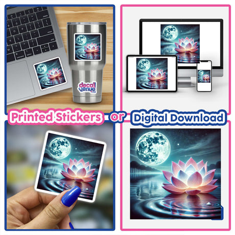 Collage featuring Moonlit Lotus - Radiant Bloom on Still Waters with a laptop showing floral digital art, a close-up of a hand holding a flower picture, and various gadgets displaying similar serene imagery.