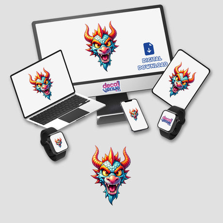 A Cool Fantasy Dragon depicted on a computer monitor and laptop, showcasing cartoon dragon faces, available as stickers or digital artwork from Decal Venue.