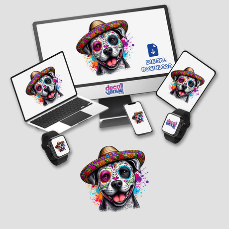 Sugar Skull Pitbull Dog depicted on a computer monitor and laptop, showcasing a cartoon-style dog wearing a hat. Available as stickers or digital artwork from Decal Venue.