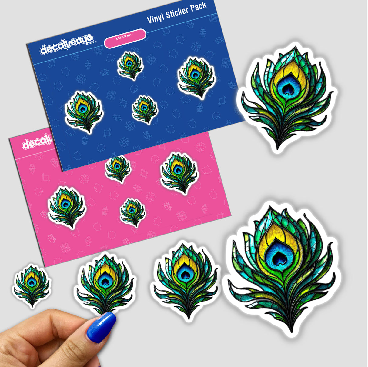 Peacock Feather Stained Glass Style sticker, showcasing intricate peacock feather designs, available as a sticker or digital artwork, emphasizing unique and artistic flair from Decal Venue.