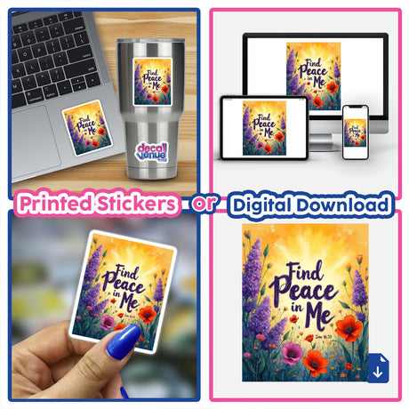 Collage featuring the Fauvist Spring Poppy 'Find Peace in Me' John 16:33 sticker or clipart, showcasing a laptop with a sticker, emphasizing its versatile use as digital artwork.