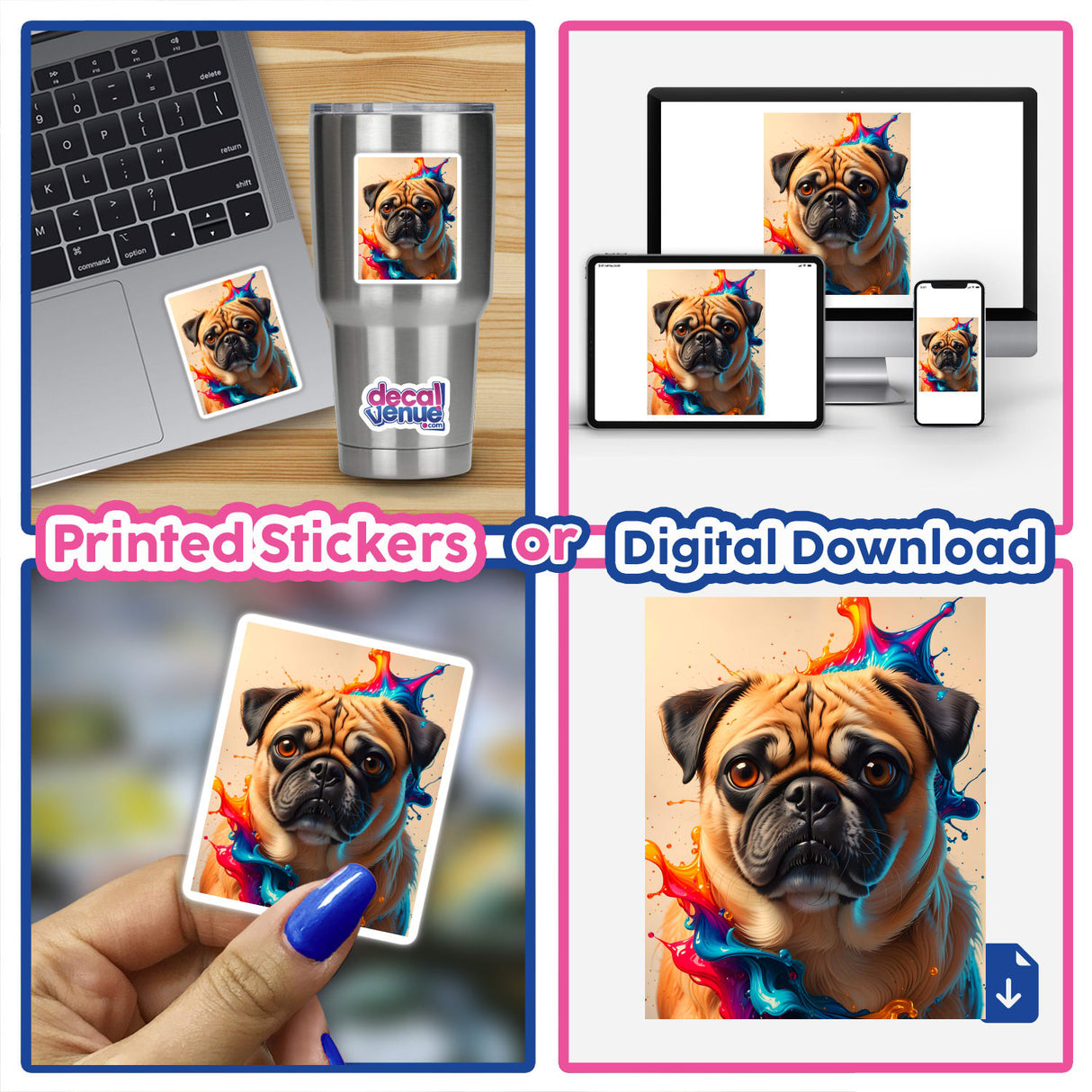 A collage featuring A Cute Pug - Animal Portrait, showcasing a laptop displaying a pug with artistic paint splashes, available as stickers or digital artwork from Decal Venue.