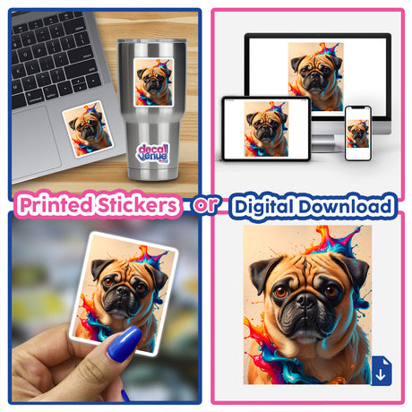 A collage featuring A Cute Pug - Animal Portrait, showcasing a laptop displaying a pug with artistic paint splashes, available as stickers or digital artwork from Decal Venue.