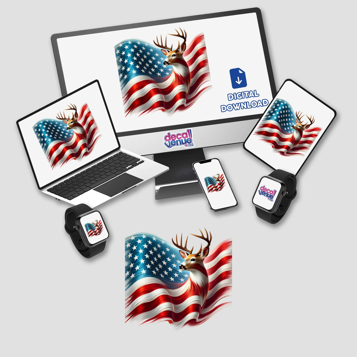 Patriotic Deer American Flag Stars Stripes digital artwork and stickers featuring a deer with antlers in front of an American flag, displayed on a computer monitor and laptop.