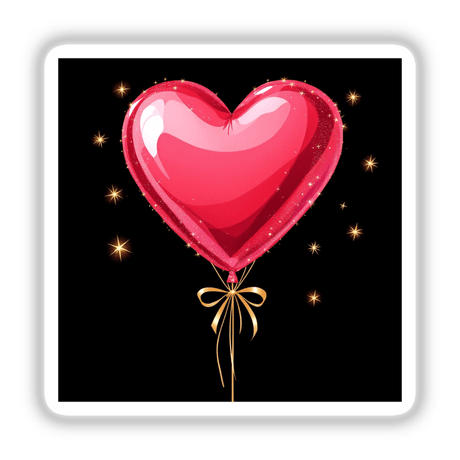 Heart-Shaped Balloon Bouquet with Gold Ribbon, featuring a pink heart-shaped balloon adorned with a gold ribbon, available as unique stickers or digital artwork from Decal Venue.